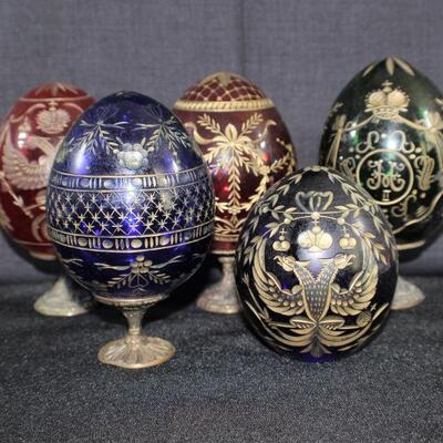 LOT#348: 5 Faberge Style Cut Glass Eggs
