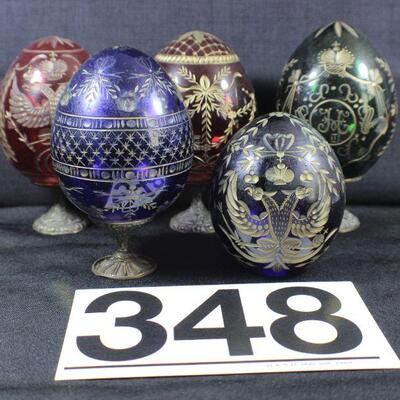 LOT#348: 5 Faberge Style Cut Glass Eggs