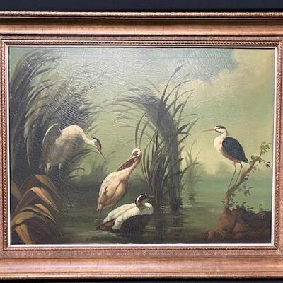 LOT#387: Ira Monte Stork & Swan Oil on Canvas