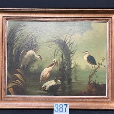 LOT#387: Ira Monte Stork & Swan Oil on Canvas