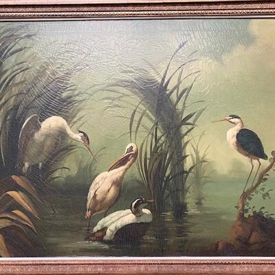 LOT#387: Ira Monte Stork & Swan Oil on Canvas
