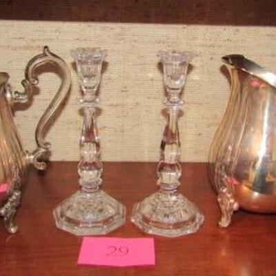 LOT 29  GORHAM SILVERPLATED PITCHERS & CRYSTAL CANDLESTICKS