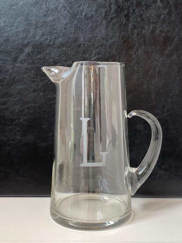 10” Glass Monogrammed “L” Pitcher