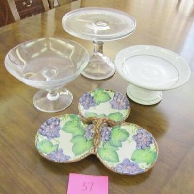 LOT 57  VINTAGE COMPOTES, CAKE PLATE AND SECTIONED PLATTER