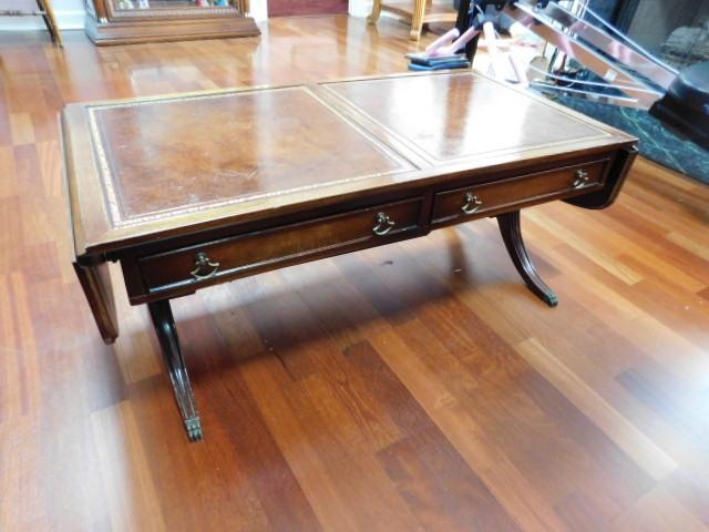 Antique Duncan Phyfe Mahogany Leather Top Double Drawer Drop Leaf Coffee Table Estatesales Org