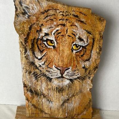 Lot #303 Nan Lee Signed Painting On Stone Travertine Tiger