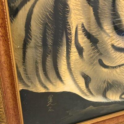 Pair of Framed Silk Tiger Paintings (2)