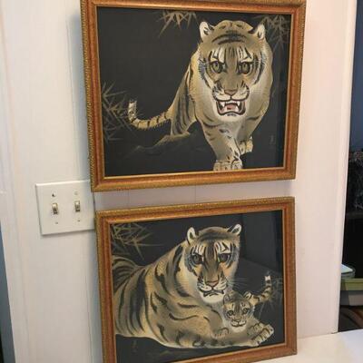 Pair of Framed Silk Tiger Paintings (2)