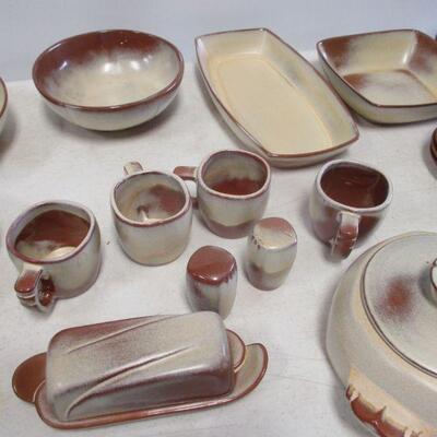 Lot 123 - Vintage Four Place Setting of Frankoma Pottery Stoneware includes Butter Dish, Salt, Pepper, Creamer, Etc.