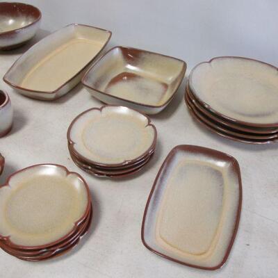 Lot 123 - Vintage Four Place Setting of Frankoma Pottery Stoneware includes Butter Dish, Salt, Pepper, Creamer, Etc.