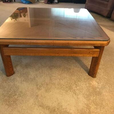 Vintage Wood Coffee Table With Glass Overlay (58)