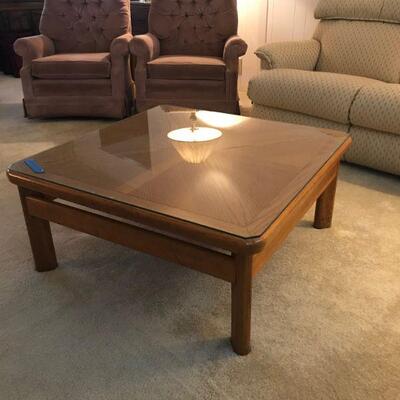 Vintage Wood Coffee Table With Glass Overlay (58)