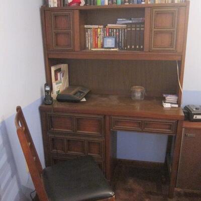 Vintage dark wood desk, hutch, and chair