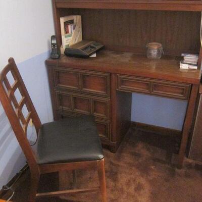 Vintage dark wood desk, hutch, and chair