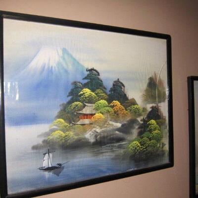 13 Japanese silk landscapes, 9 in frames