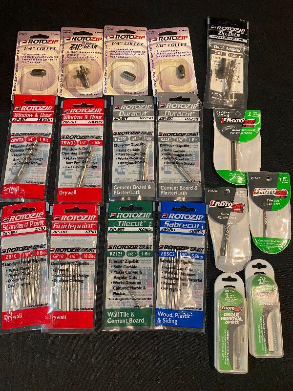 Lot 21 Zip bits Tools & Saw (Rotozip straight edge guide, Spiral Saw