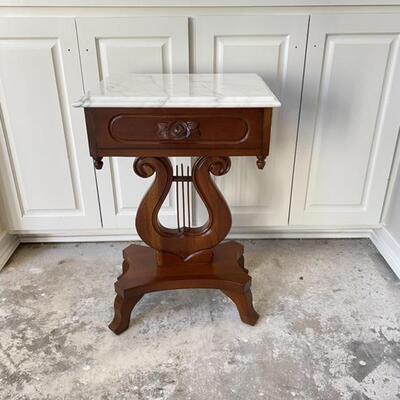 Antique Harp Side Table with Carrera Marble Top / Perfect Condition