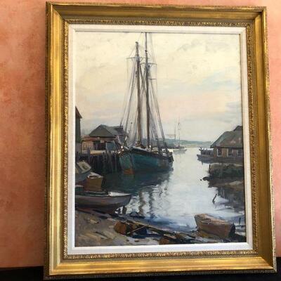 Large Original Emile Albert Gruppe (1896-1978) Impressionist Oil Painting of Sailboat in Port Scene