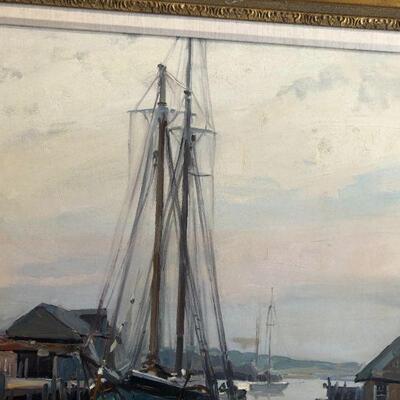 Large Original Emile Albert Gruppe (1896-1978) Impressionist Oil Painting of Sailboat in Port Scene