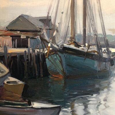 Large Original Emile Albert Gruppe (1896-1978) Impressionist Oil Painting of Sailboat in Port Scene