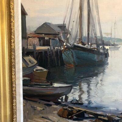 Large Original Emile Albert Gruppe (1896-1978) Impressionist Oil Painting of Sailboat in Port Scene