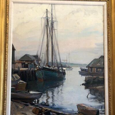 Large Original Emile Albert Gruppe (1896-1978) Impressionist Oil Painting of Sailboat in Port Scene