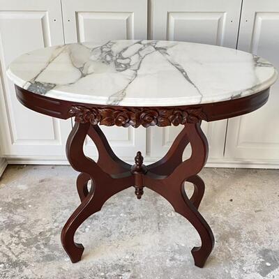 Oval Wood Carrera Marble Top Table - Excellent Condition