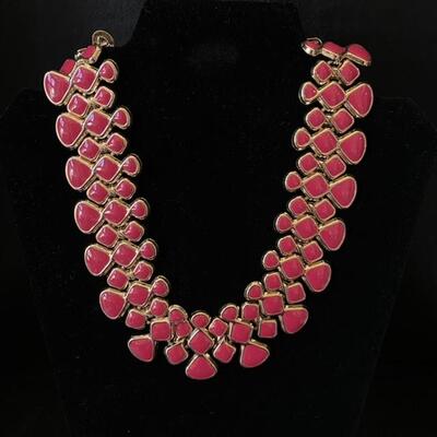 Pink Enamel & Gold Fashion Bib Necklace - 16”