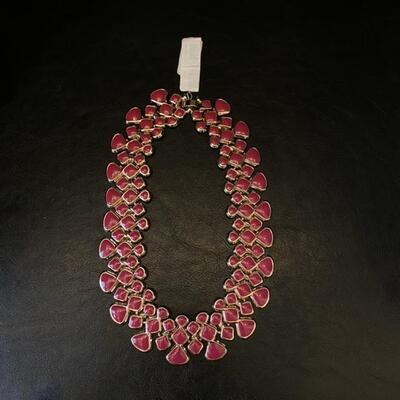 Pink Enamel & Gold Fashion Bib Necklace - 16”