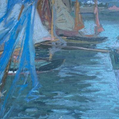 1905 Original Fromuth (1858-1937) Pastel Painting of Sardine Boats in Concarneau Harbor