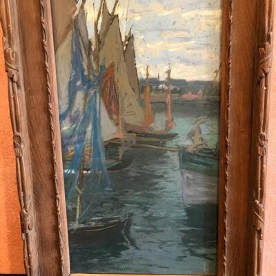 1905 Original Fromuth (1858-1937) Pastel Painting of Sardine Boats in Concarneau Harbor