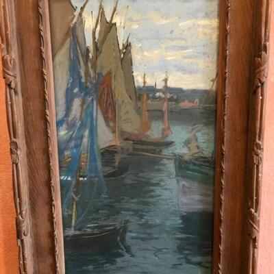 1905 Original Fromuth (1858-1937) Pastel Painting of Sardine Boats in Concarneau Harbor