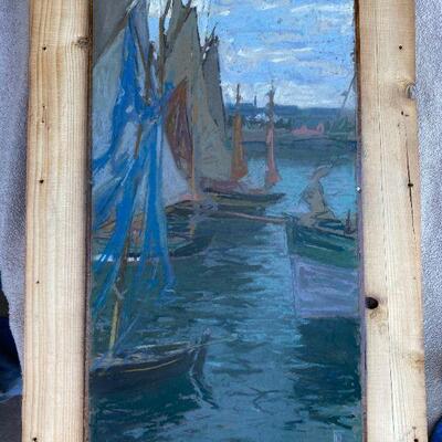 1905 Original Fromuth (1858-1937) Pastel Painting of Sardine Boats in Concarneau Harbor