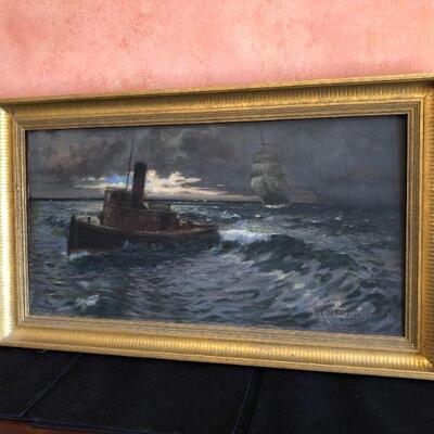 1905 Richard Langtry Partington (1868-1929, San Francisco, CA) Signed Oil Painting Tug and Sail Boat