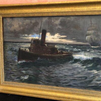 1905 Richard Langtry Partington (1868-1929, San Francisco, CA) Signed Oil Painting Tug and Sail Boat