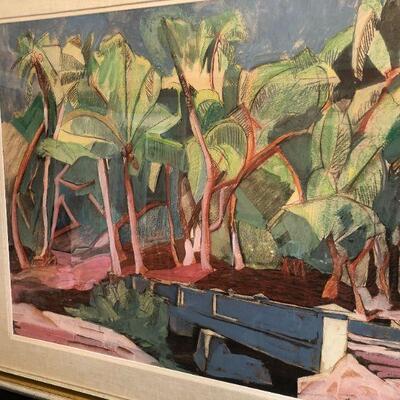 Beautiful Watercolor Painting by Gene Frances of Palm Trees and Bridge