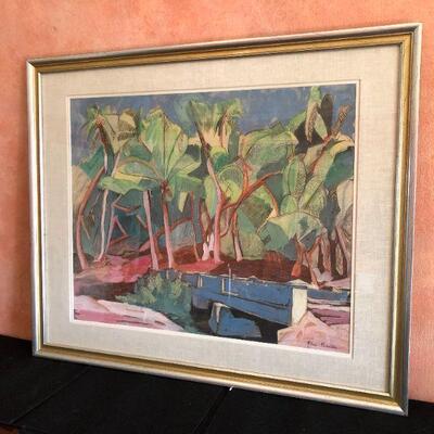 Beautiful Watercolor Painting by Gene Frances of Palm Trees and Bridge