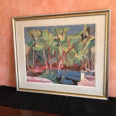Beautiful Watercolor Painting by Gene Frances of Palm Trees and Bridge