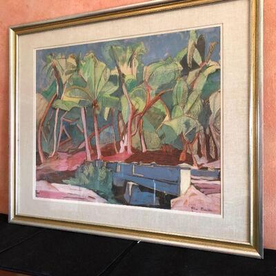 Beautiful Watercolor Painting by Gene Frances of Palm Trees and Bridge