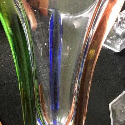 O31: Colored Glass Vase and Clear Glass Candlesticks 