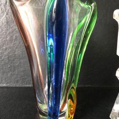 O31: Colored Glass Vase and Clear Glass Candlesticks 