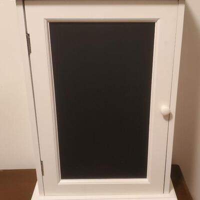 WHITE SMALL CABINET WITH CHALK BOARD FRONT 