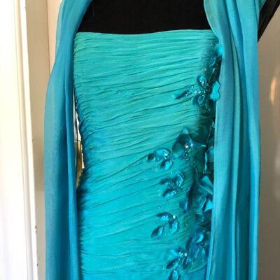 Liancarlo Couture Neiman Marcus Aqua Blue Silk Ruched Gown Size 10
