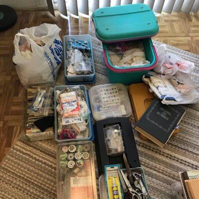 Vintage Mix Group of Sewing Items, Buttons, Thread, Tools, Lace, Containers (80)