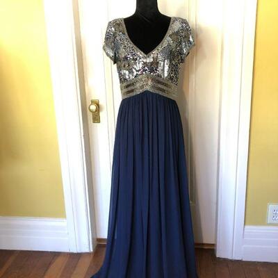 Adrianna Papell Formal Navy Blue and Silver Sequin Empire Waist Gown Size 10