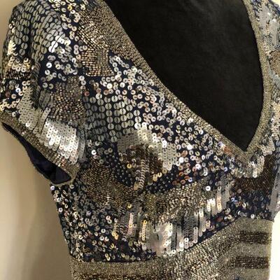 Adrianna Papell Formal Navy Blue and Silver Sequin Empire Waist Gown Size 10