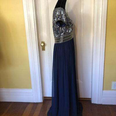Adrianna Papell Formal Navy Blue and Silver Sequin Empire Waist Gown Size 10