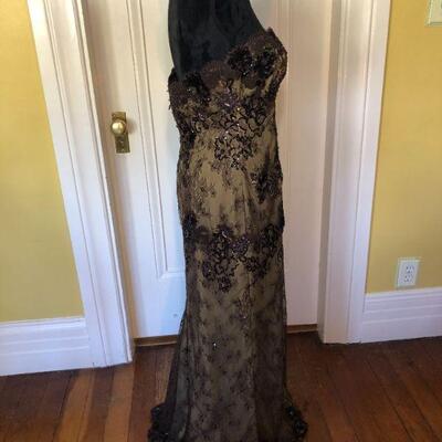 San Carlin Deep Brown and Tan Sequin Lace Strapless Gown Size 10