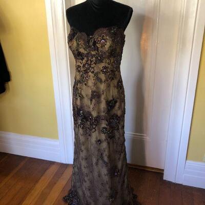 San Carlin Deep Brown and Tan Sequin Lace Strapless Gown Size 10