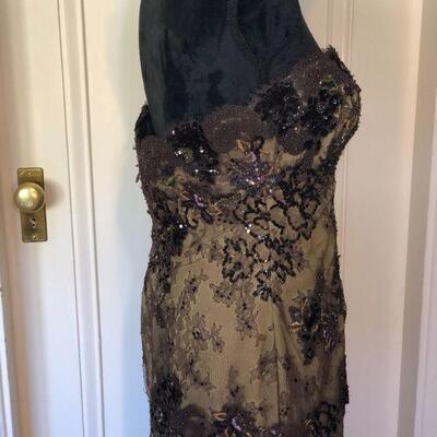 San Carlin Deep Brown and Tan Sequin Lace Strapless Gown Size 10
